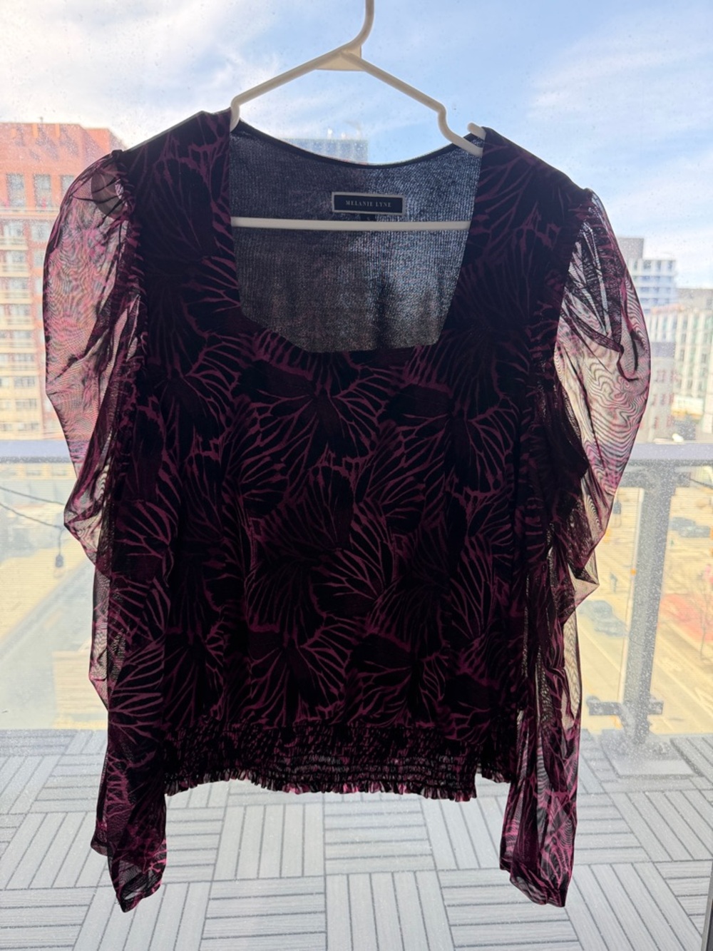 Melanie Lyne Purple Leaf-Print Sheer Flutter Sleeve Blouse